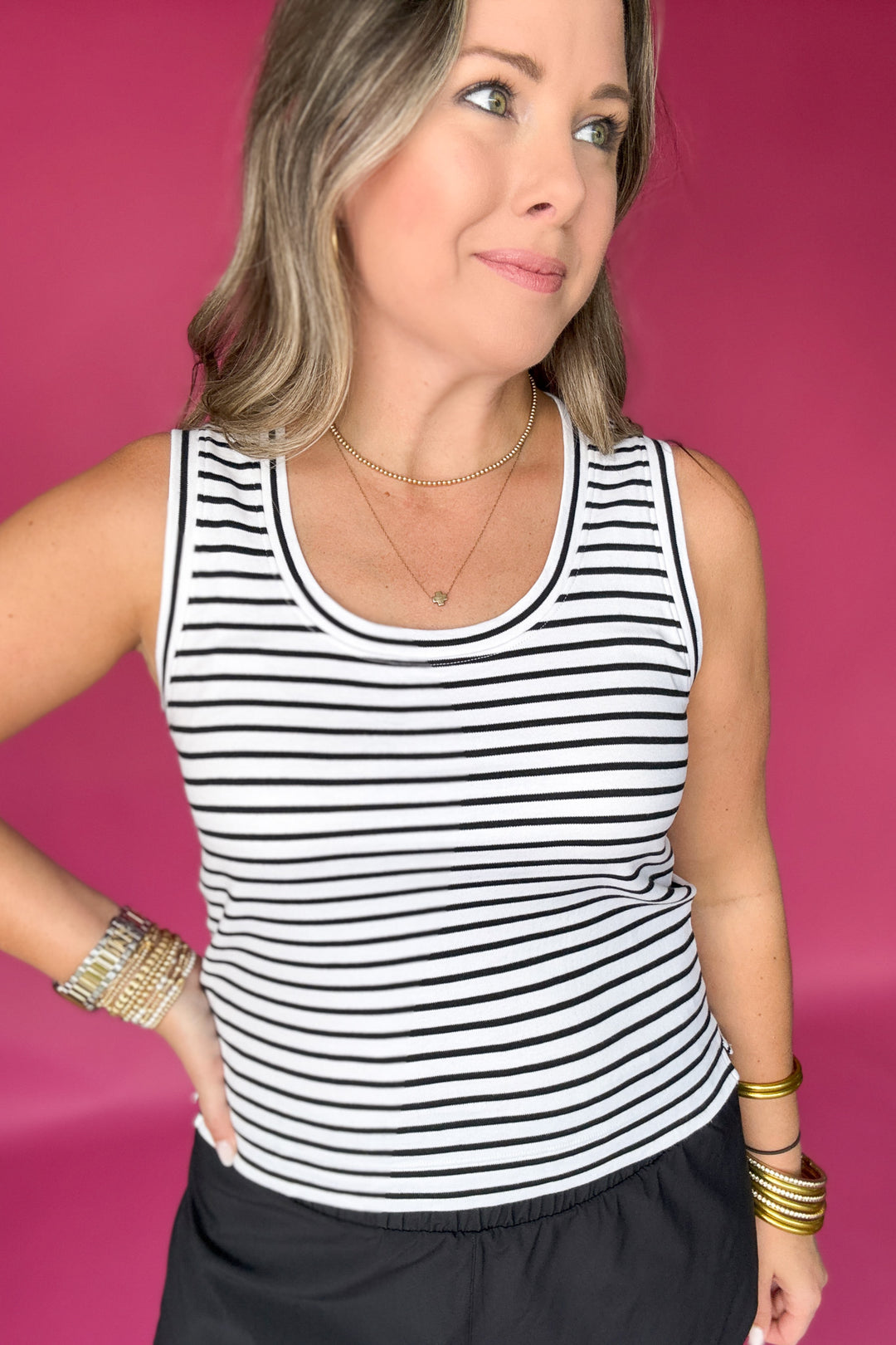Spanx: Cotton Crewneck Tank - Classic Black Stripe