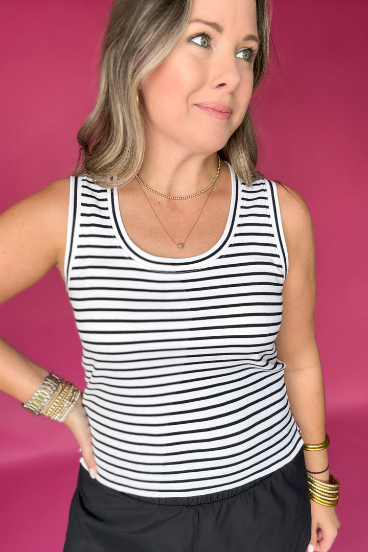 Spanx: Cotton Crewneck Tank - Classic Black Stripe