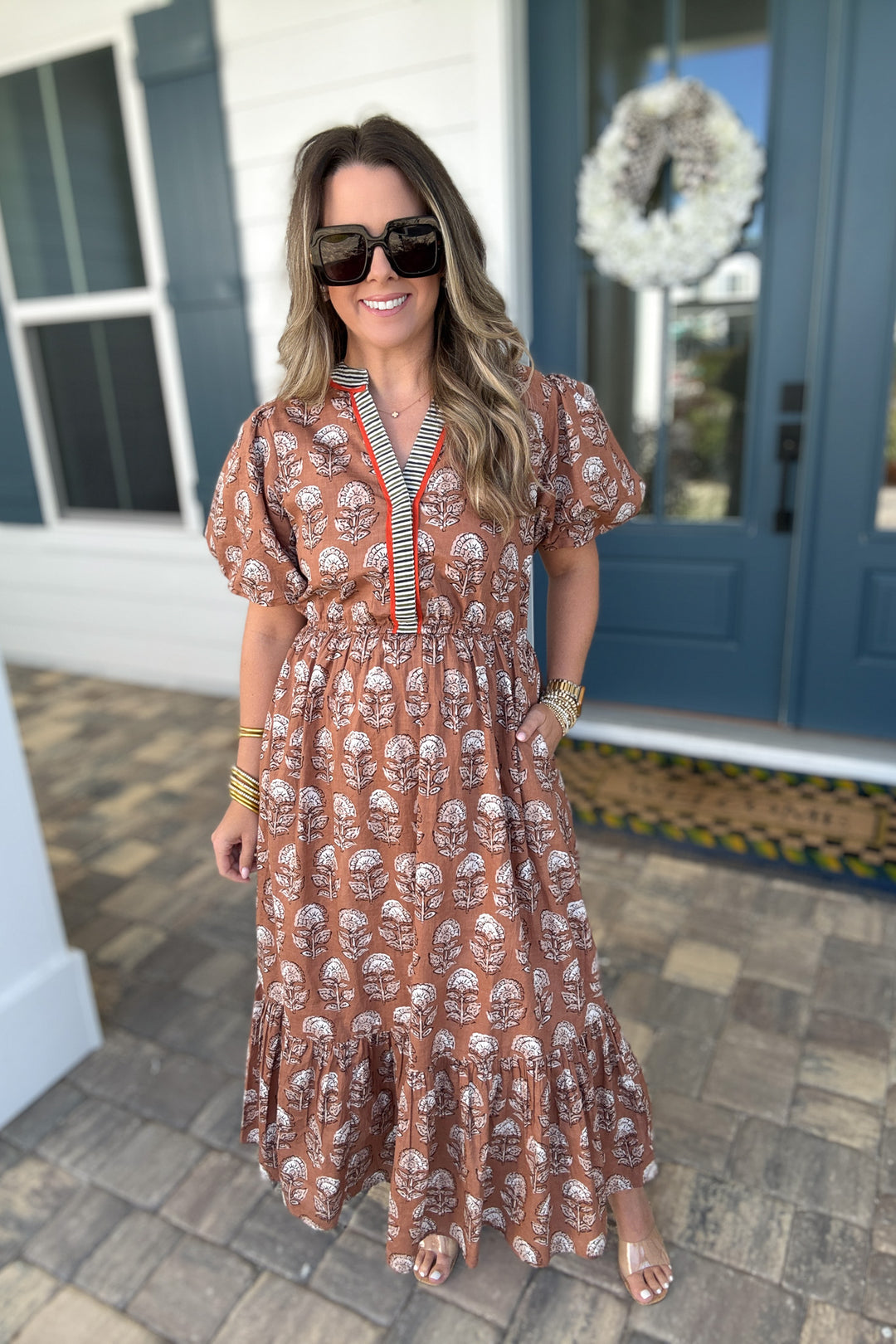 THML: Brown Printed Midi Dress