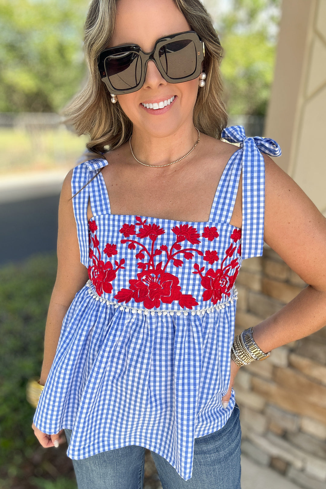 THML: Embroidered Gingham Bow Tie Tank - Blue