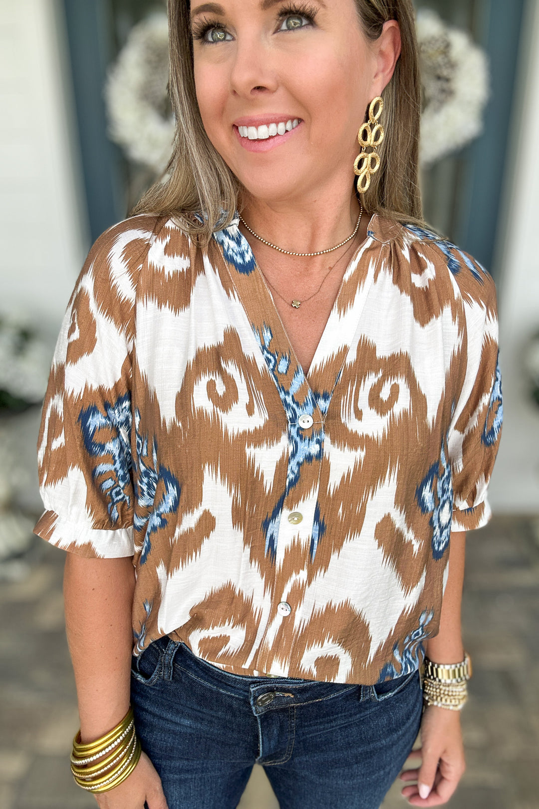 THML: Fall Breeze Ikat Blouse - Brown