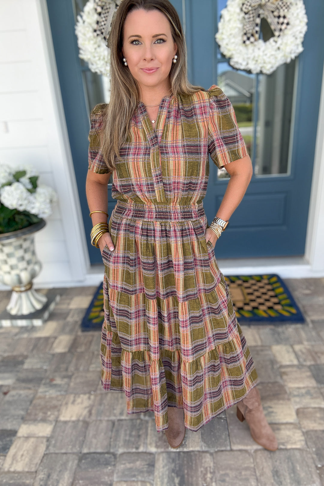 THML: Harvest Plaid Smocked Midi Dress