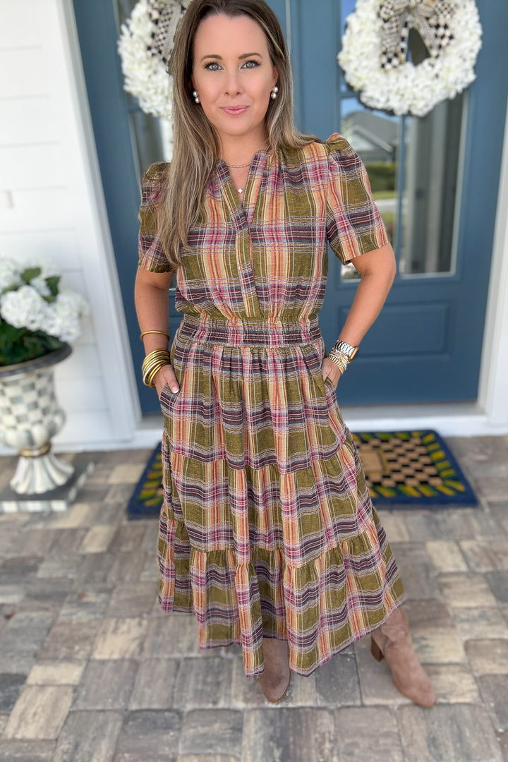 THML: Harvest Plaid Smocked Midi Dress