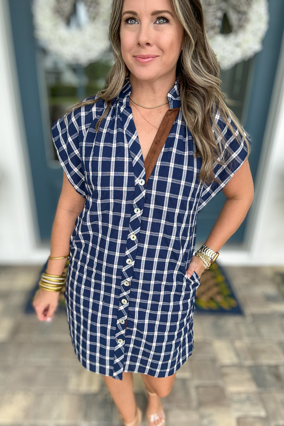 THML: Plaid Is Better Button Front Dress - Navy