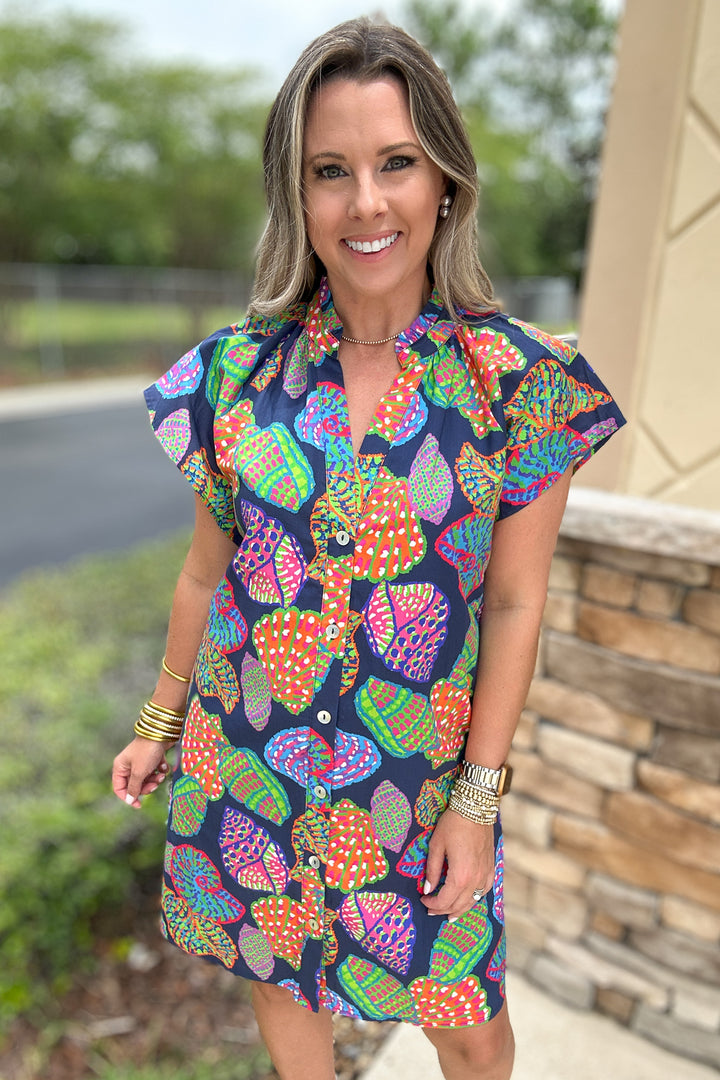 THML: Seashell Call Button Front Dress - Navy