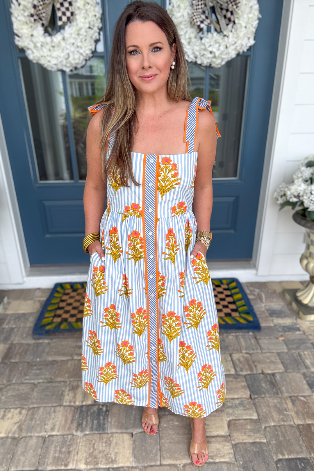 thml orange dress THML Orange Citrus & Tile Print Puff Sleeve Dress XS