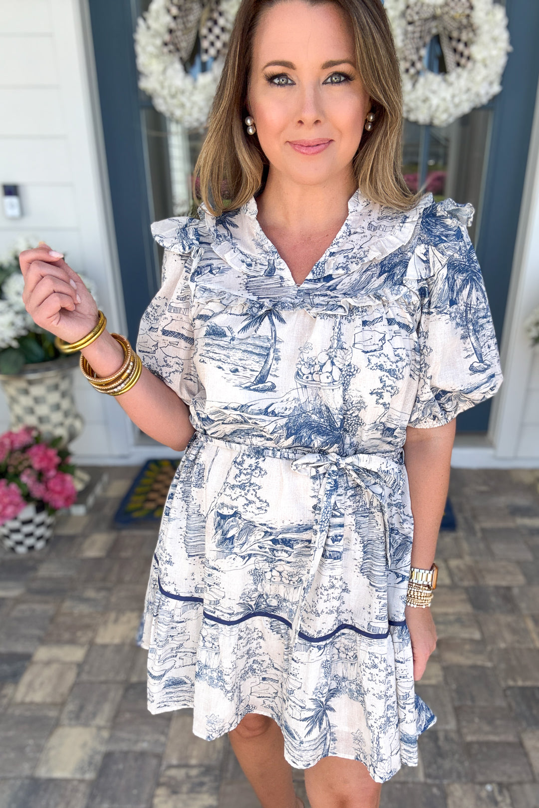 Umgee Seaside Toile Ruffle Dress - Navy