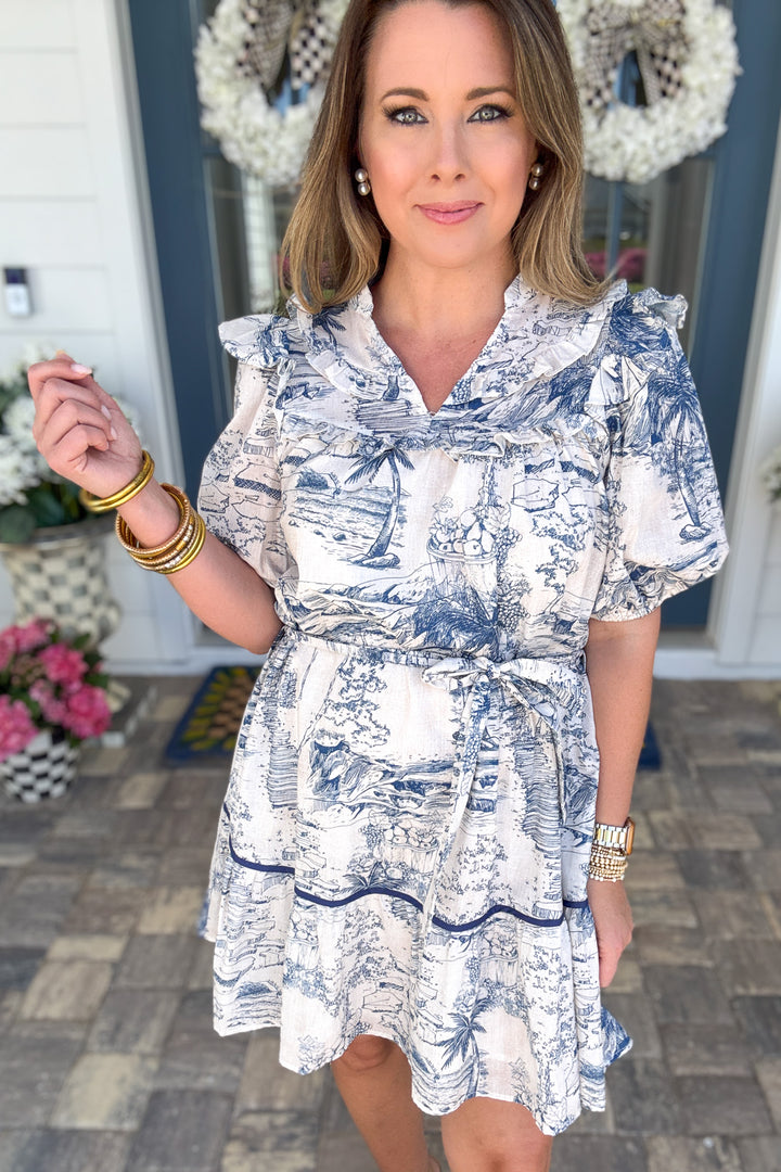Umgee Seaside Toile Ruffle Dress - Navy