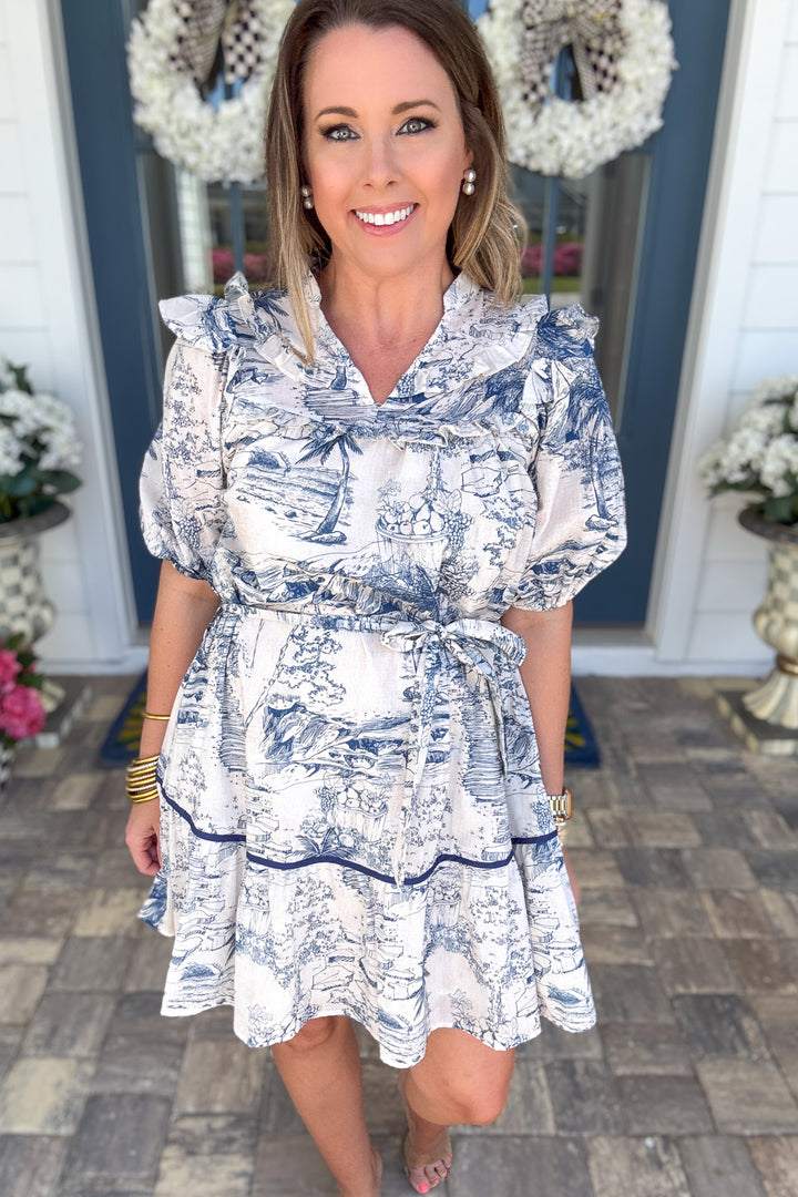 Seaside Toile Ruffle Dress - Navy