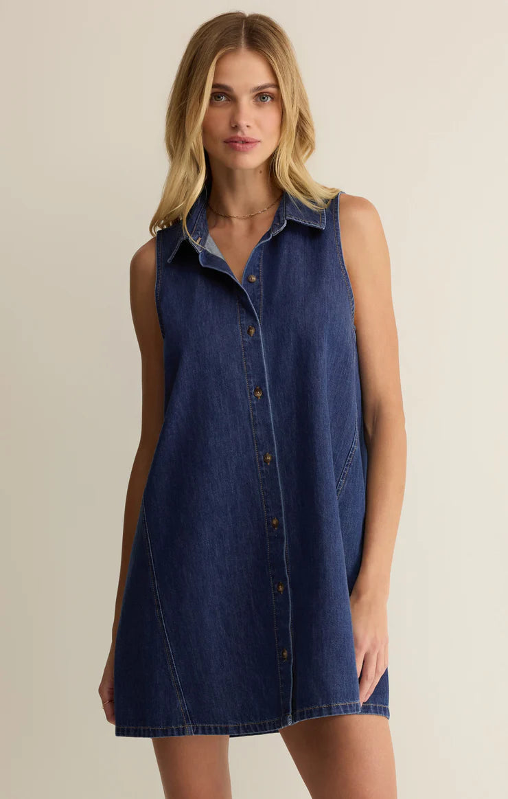 Z Supply: New Day Denim Mini Dress - Deep Water