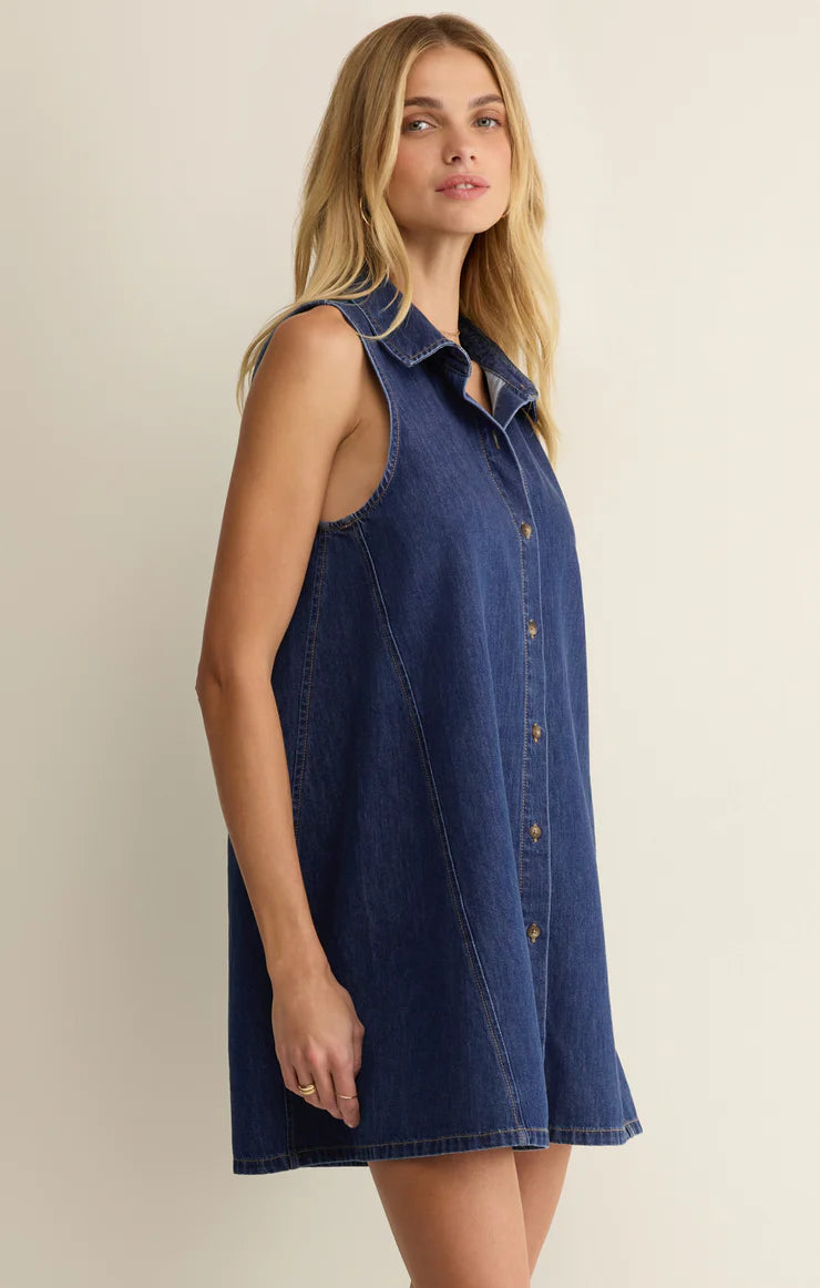 Z Supply: New Day Denim Mini Dress - Deep Water