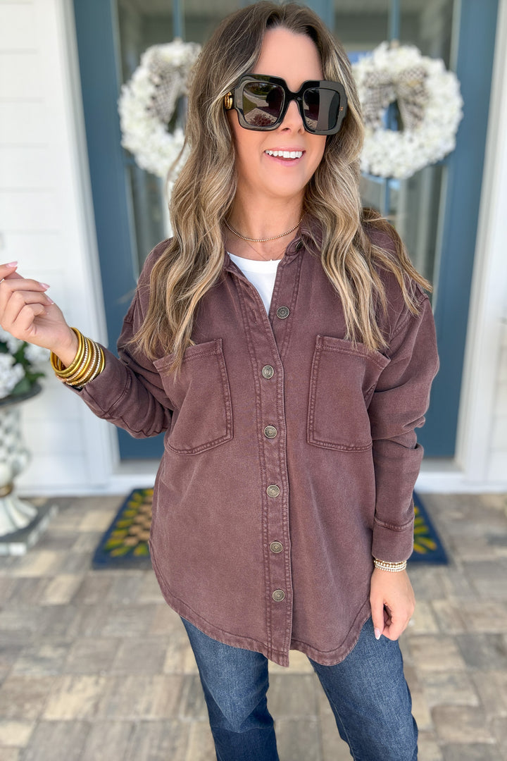 Z Supply: ALL DAY KNIT DENIM JACKET -Chocolate Cherry