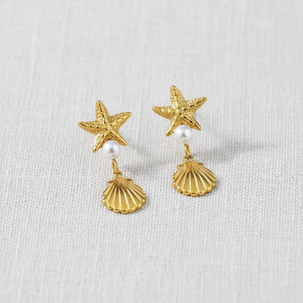 Ocean Shell Starfish Stud Earrings