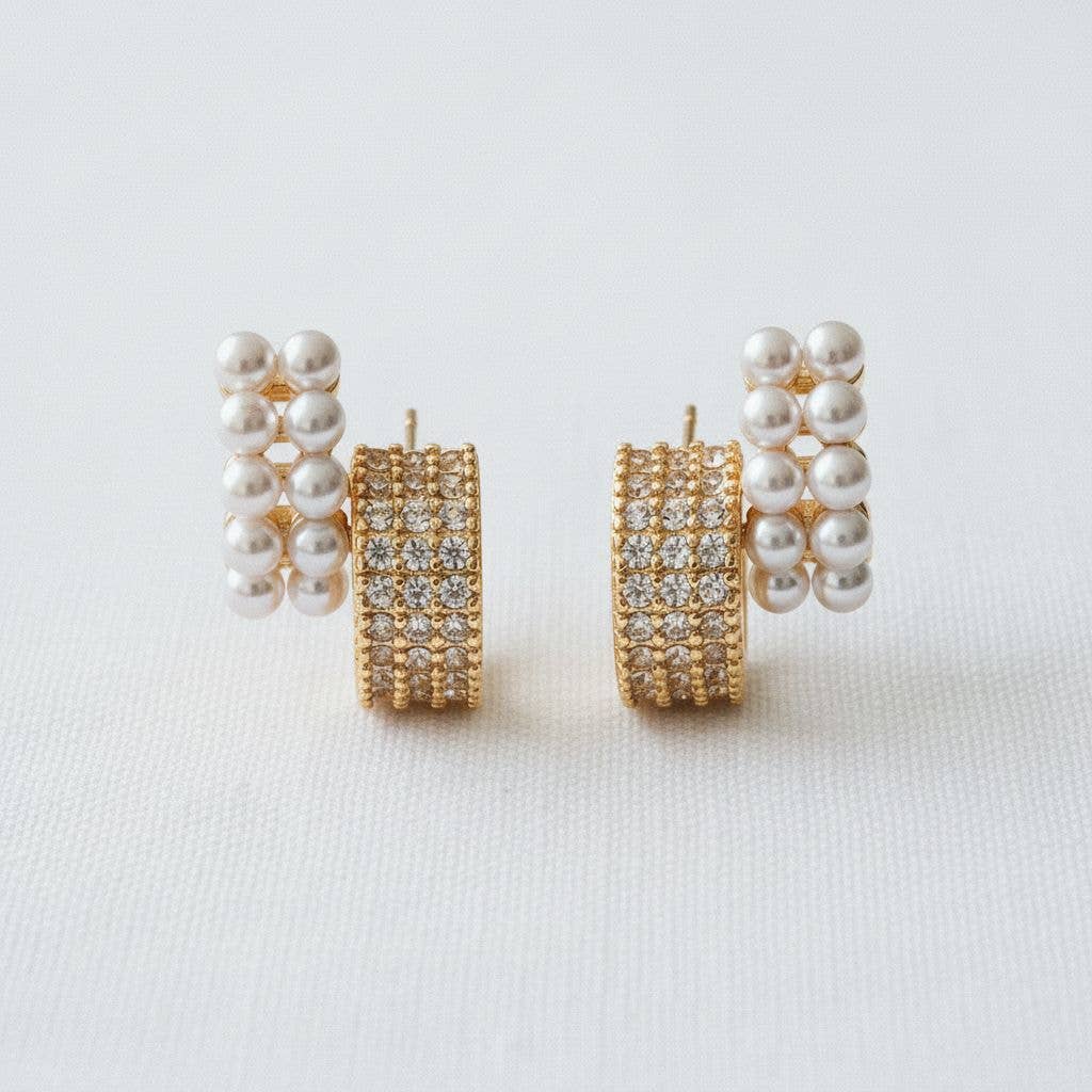 Double Row Pearl Cubic Zirconia Stud Earrings