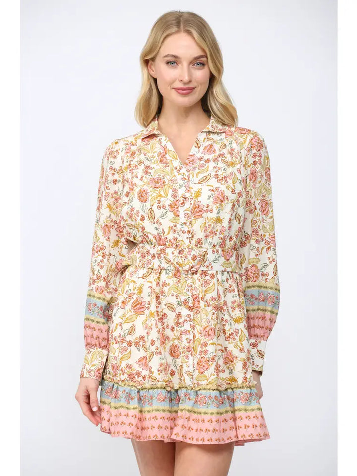 Border Print Self Tie Belt Shirt Dress - B Social Boutique