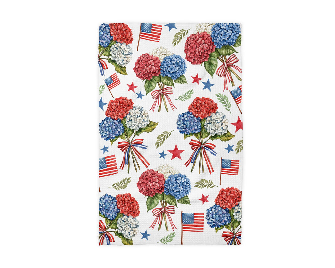 Hydrangea July 4 Patriotic Red White Blue Flag Kitchen Towel