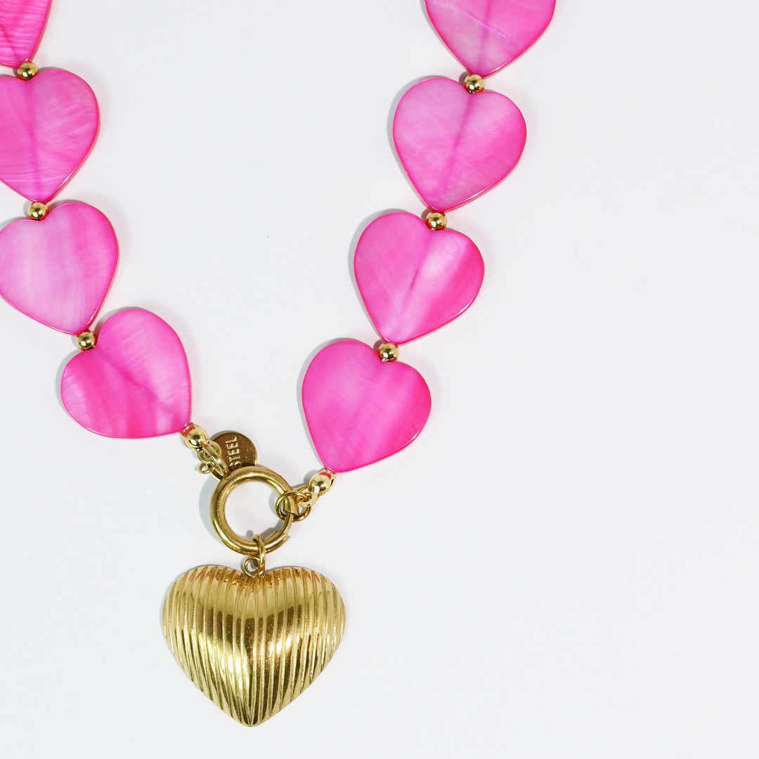 Golden Love Necklace - Pink Hearts