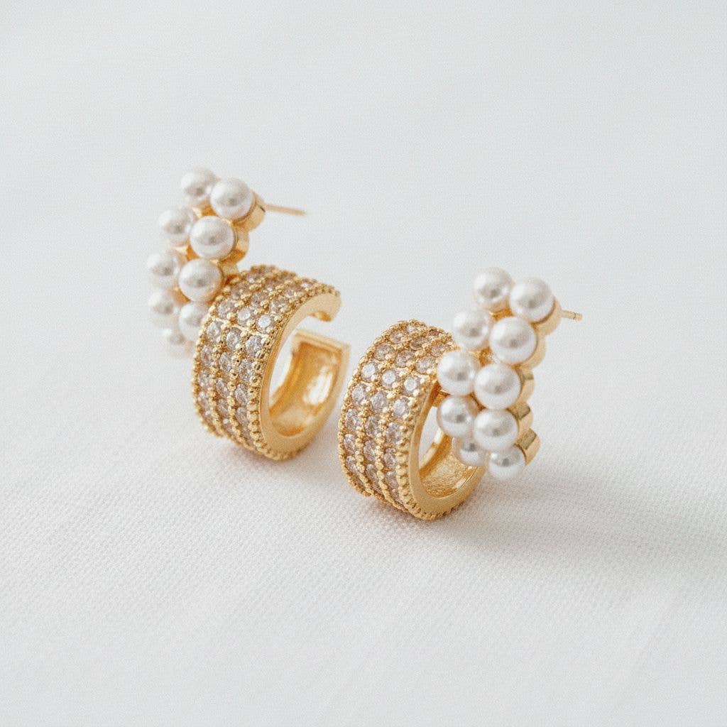 Double Row Pearl Cubic Zirconia Stud Earrings