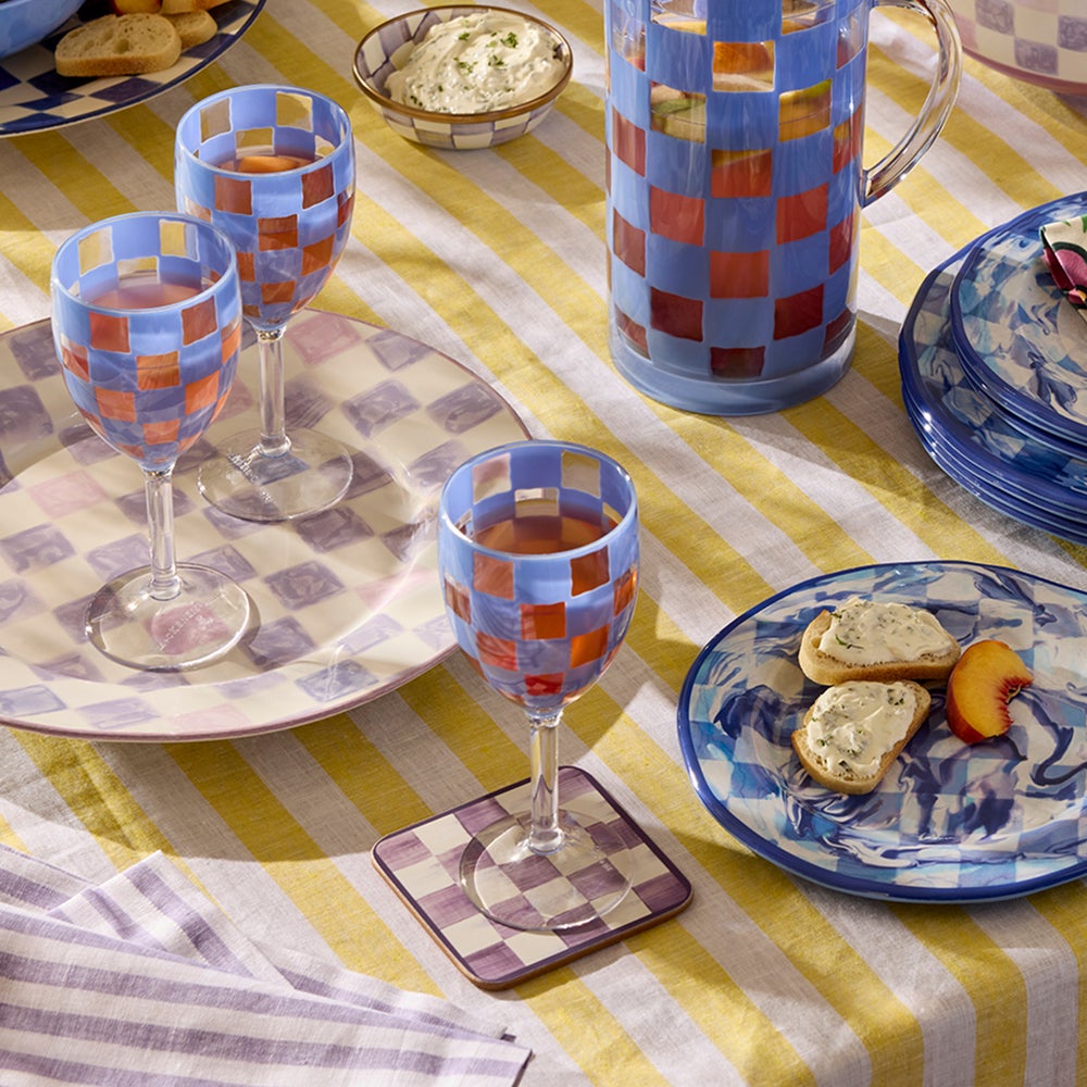 MacKenzie Childs: Blue Check Acrylic Wine Goblets, Set of 4