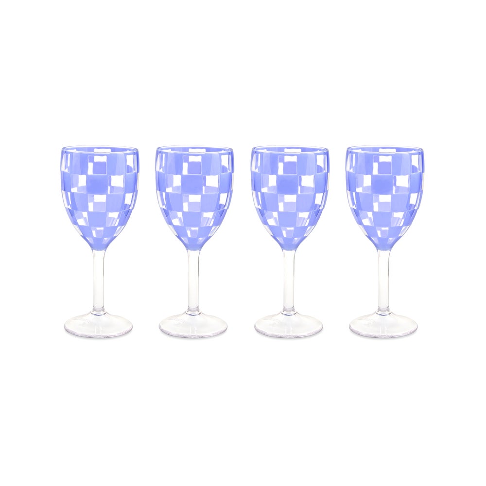 MacKenzie Childs: Blue Check Acrylic Wine Goblets, Set of 4