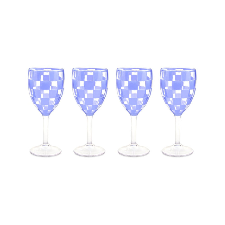 MacKenzie Childs: Blue Check Acrylic Wine Goblets, Set of 4