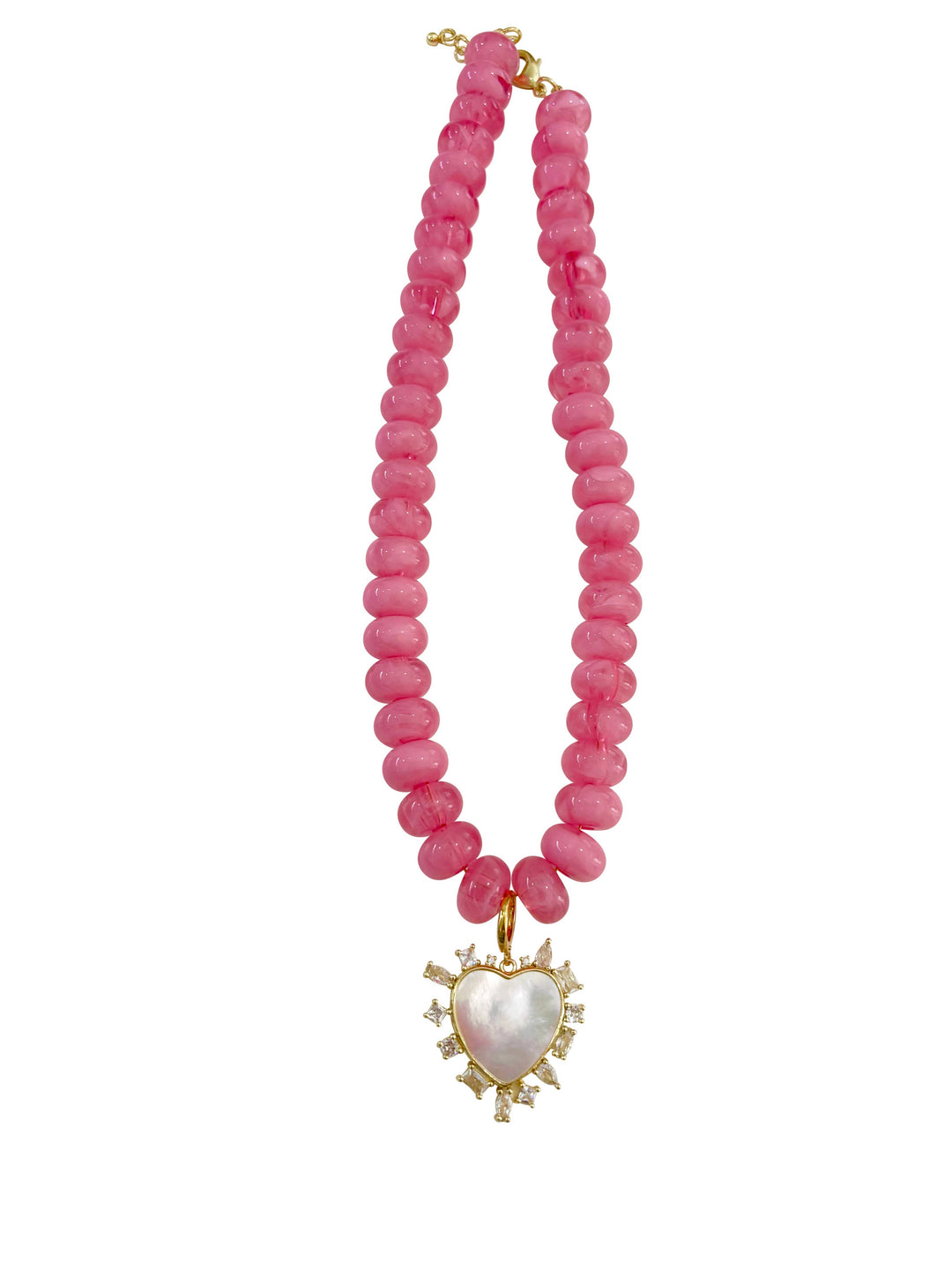 Regal Pink Beaded Necklace with Pearl Heart Charm