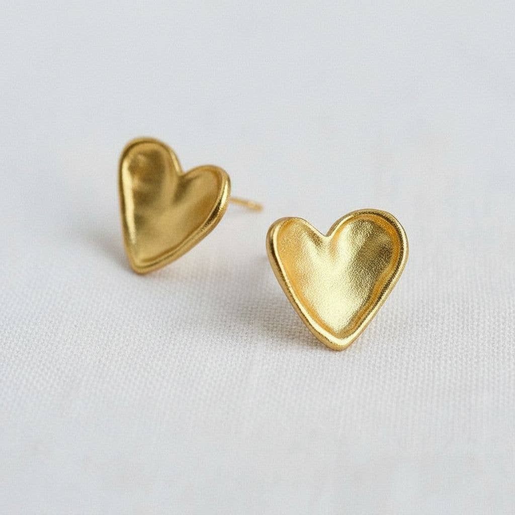 Vintage Inspired Gold-Toned Textured Heart Stud Earrings - B Social Boutique