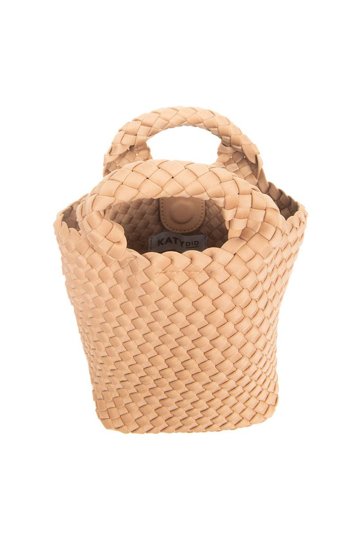 Camel Woven Crossbody Bucket Bag: Camel