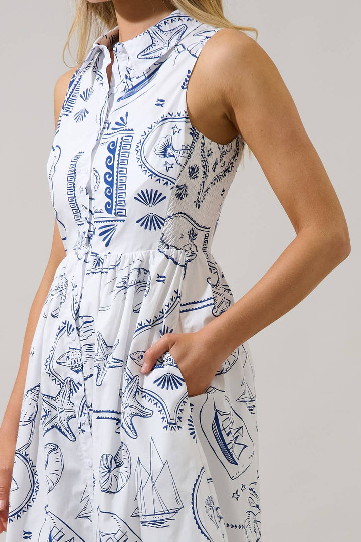 Naples Button Down Midi Dress: Navy + White