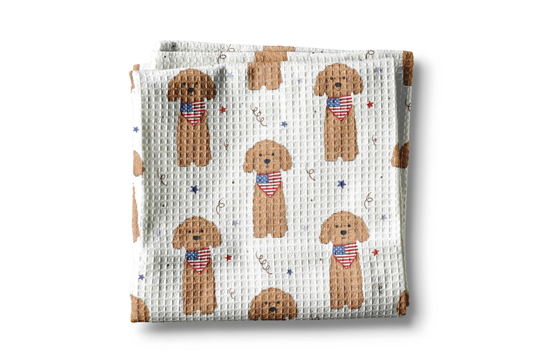 Canary Goldendoodle Dog July 4 Patriotic Red White Blue Flag Kitchen Towel