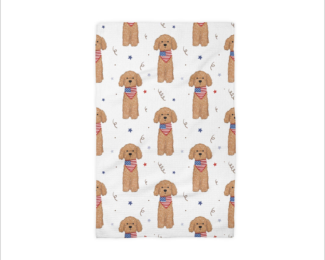 Canary Goldendoodle Dog July 4 Patriotic Red White Blue Flag Kitchen Towel