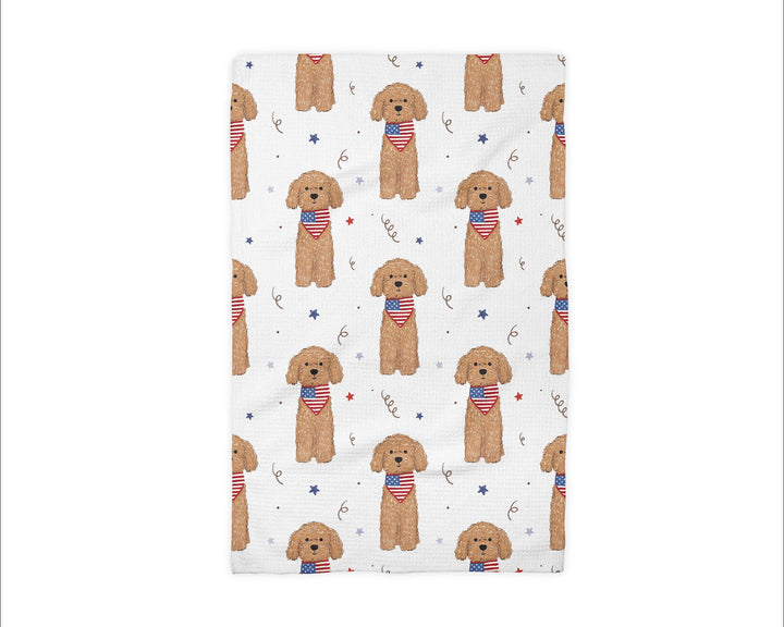 Canary Goldendoodle Dog July 4 Patriotic Red White Blue Flag Kitchen Towel