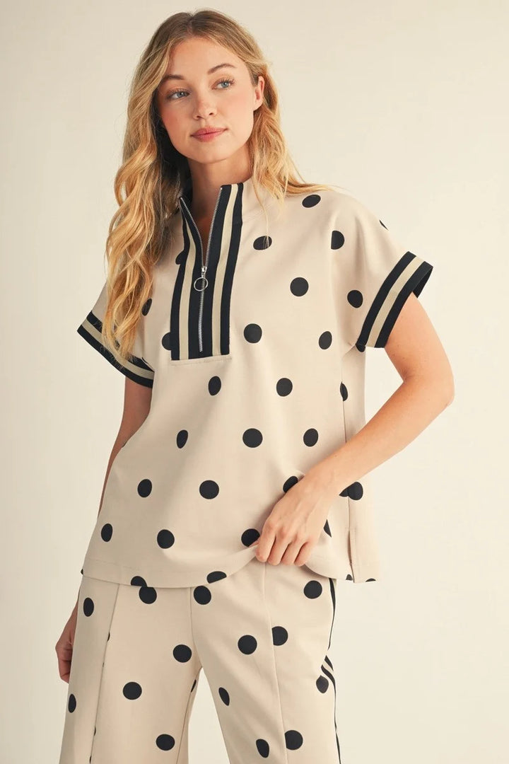 Dot & Dash Zip Up Top - Oatmeal/Black