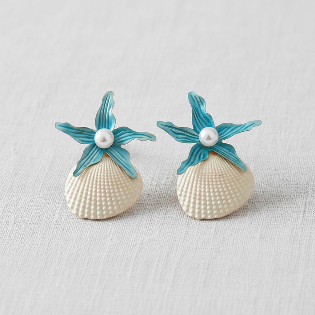 Pearl Starfish Shell Stud Earrings