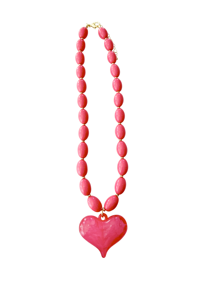 Roxie Hot Pink Beaded Necklace with Heart Charm