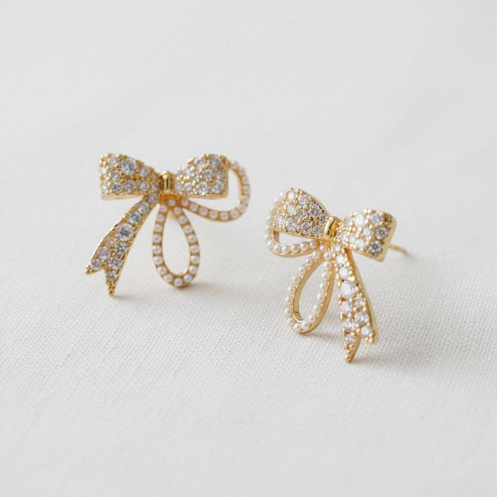 Vintage Inspired Pearl and Cubic Zirconia Bowknot Earrings - B Social Boutique