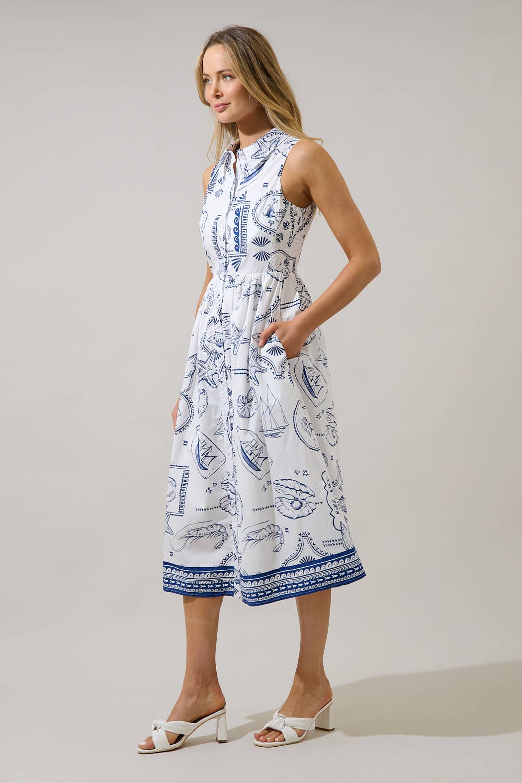 Naples Button Down Midi Dress: Navy + White