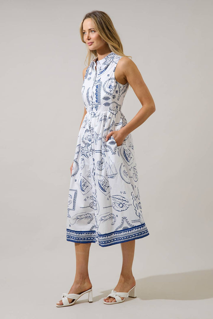 Naples Button Down Midi Dress: Navy + White
