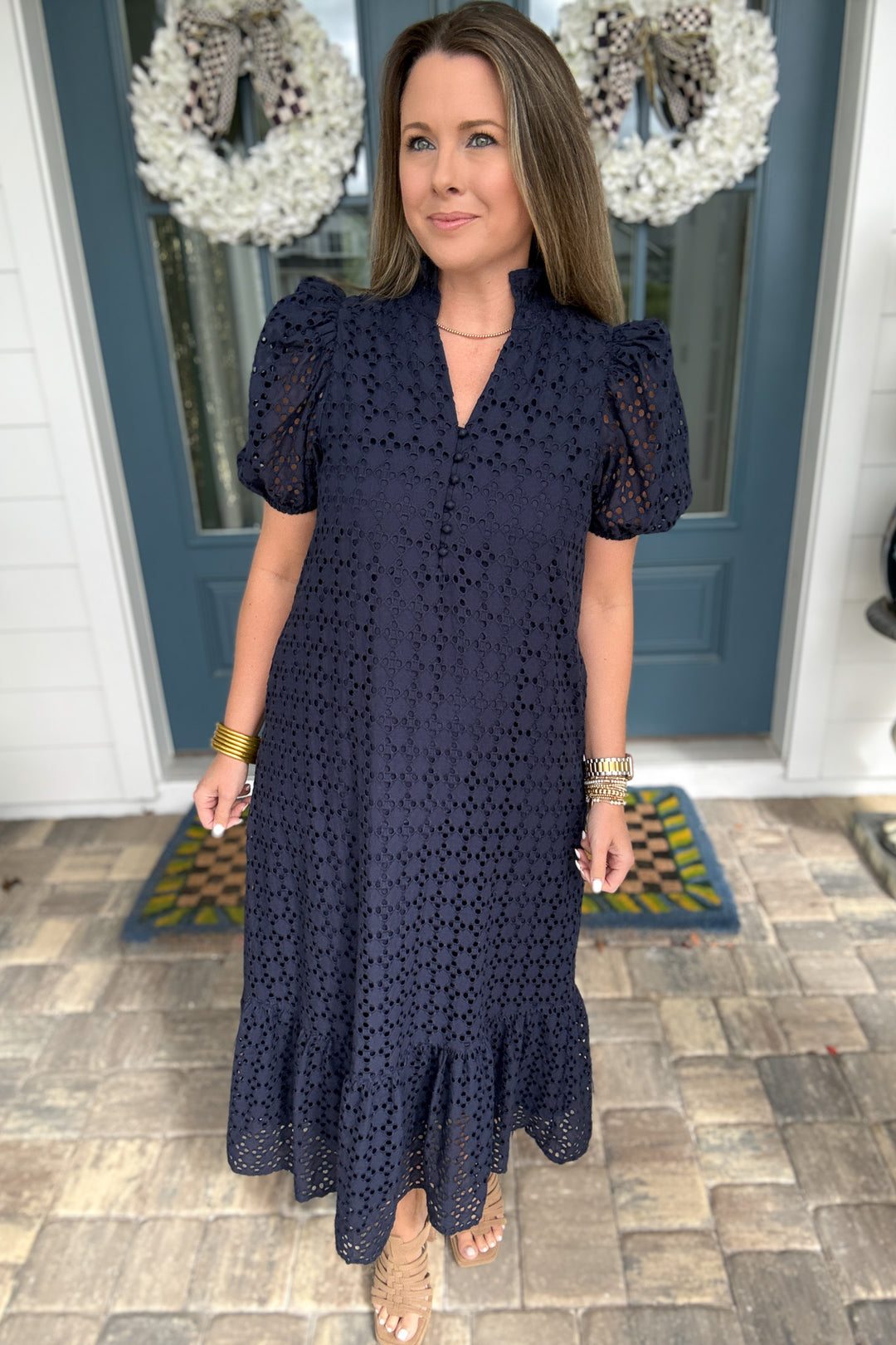 entro Eyelet Midi Dress - Navy