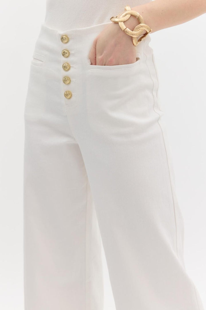 Classy Gold Button Front Wide Leg Jean - White
