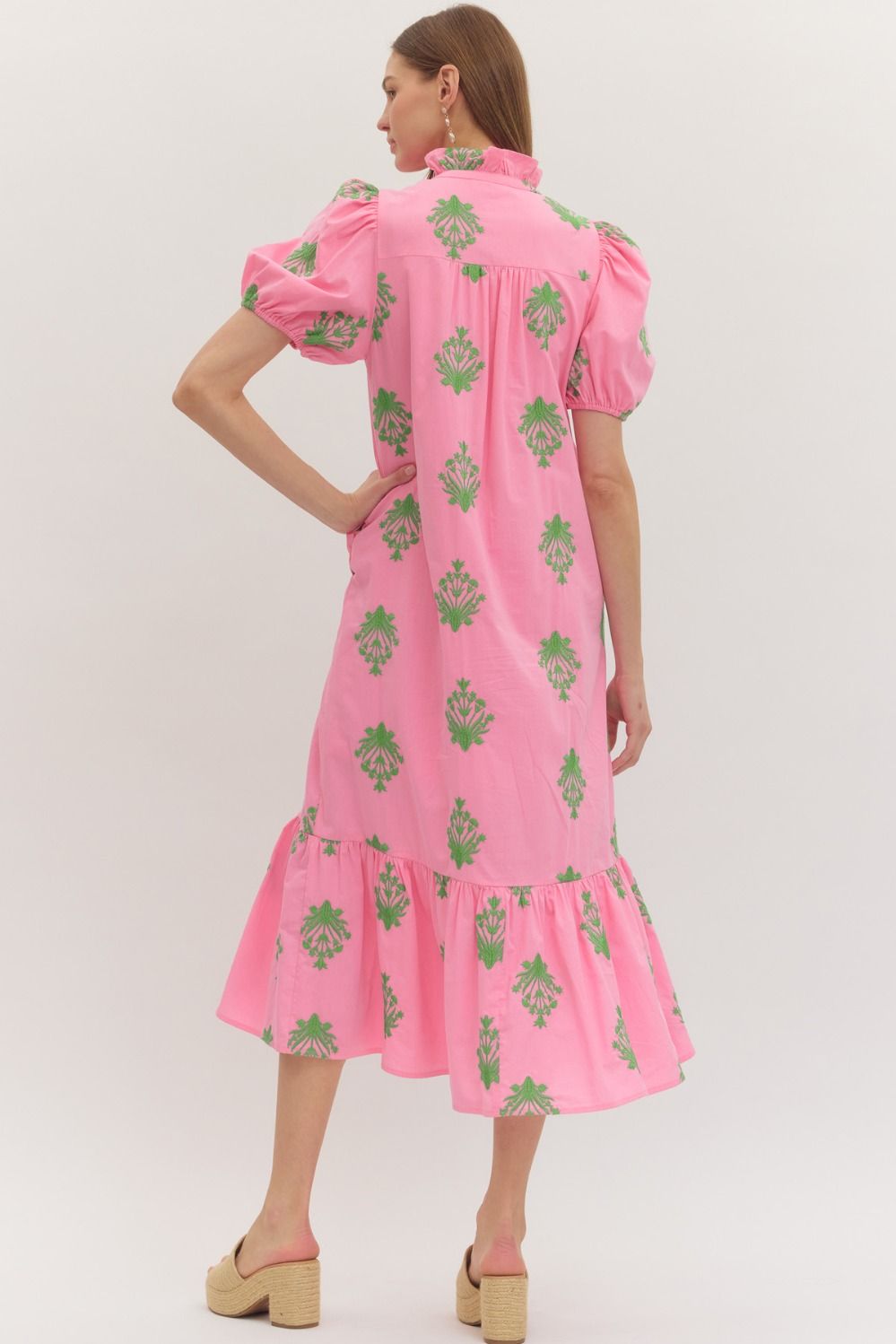 Stitch Embrodary Midi Dress - Pink