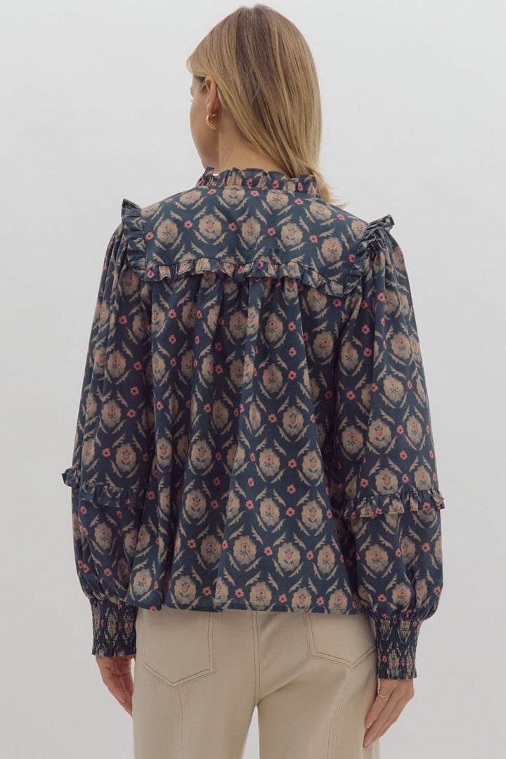 Medallion Ruffle Blouse - Ash Green