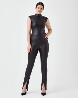 Spanx: Leather-Like Mock Neck Bodysuit - Luxe Black