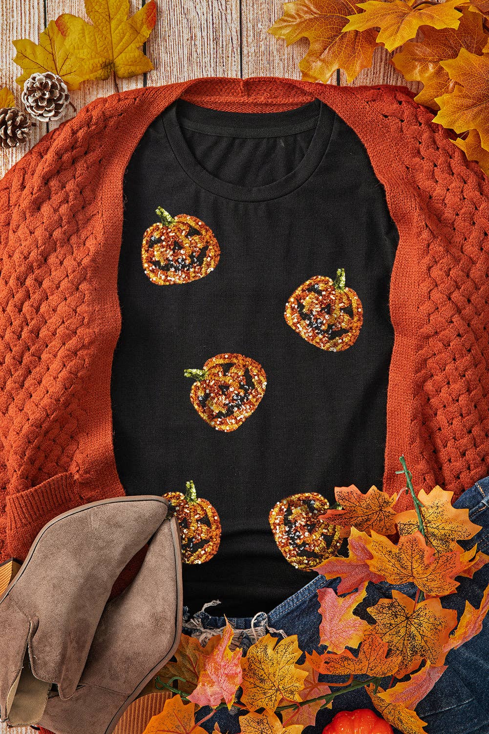 Sequin Pumpkin Patch Tee - Black