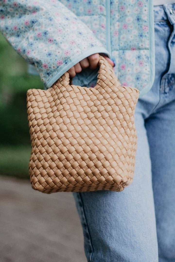 Camel Woven Crossbody Bucket Bag: Camel