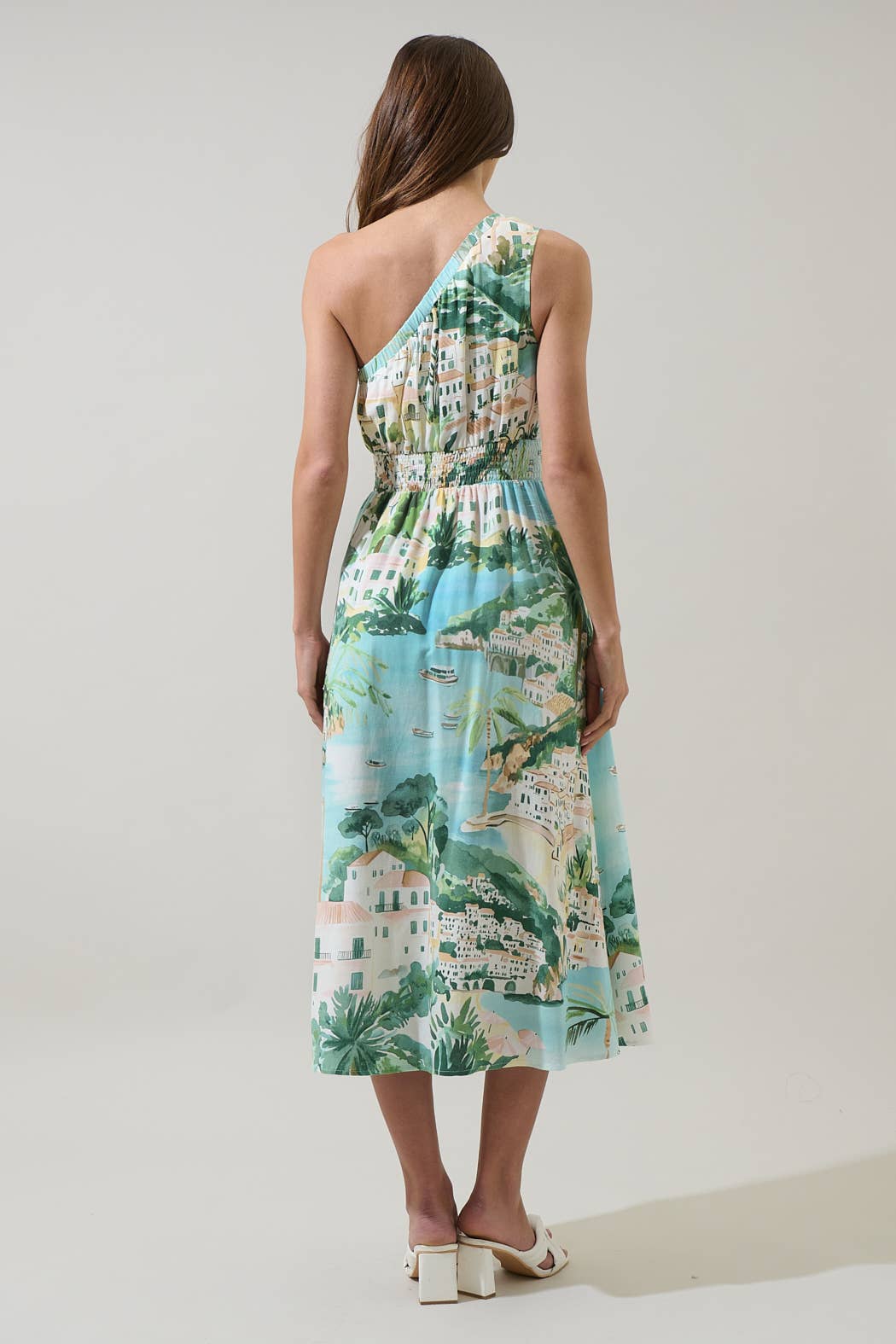 One Shoulder Amalfi Coast Smocked Midi Dress -  AQUA