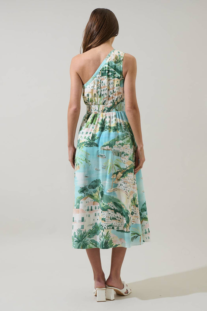 One Shoulder Amalfi Coast Smocked Midi Dress -  AQUA