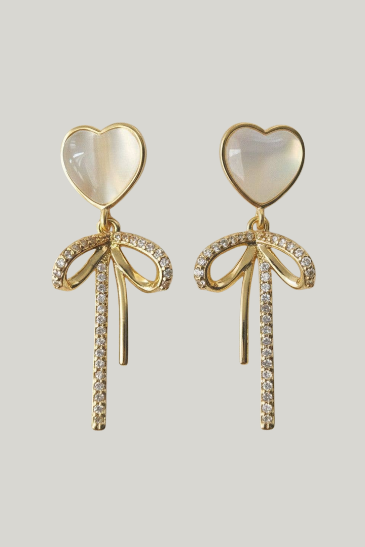 Cat's Eye Heart Bow Tassel Earrings