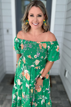 Garden Smocked Off The Shoulder Dress - Green