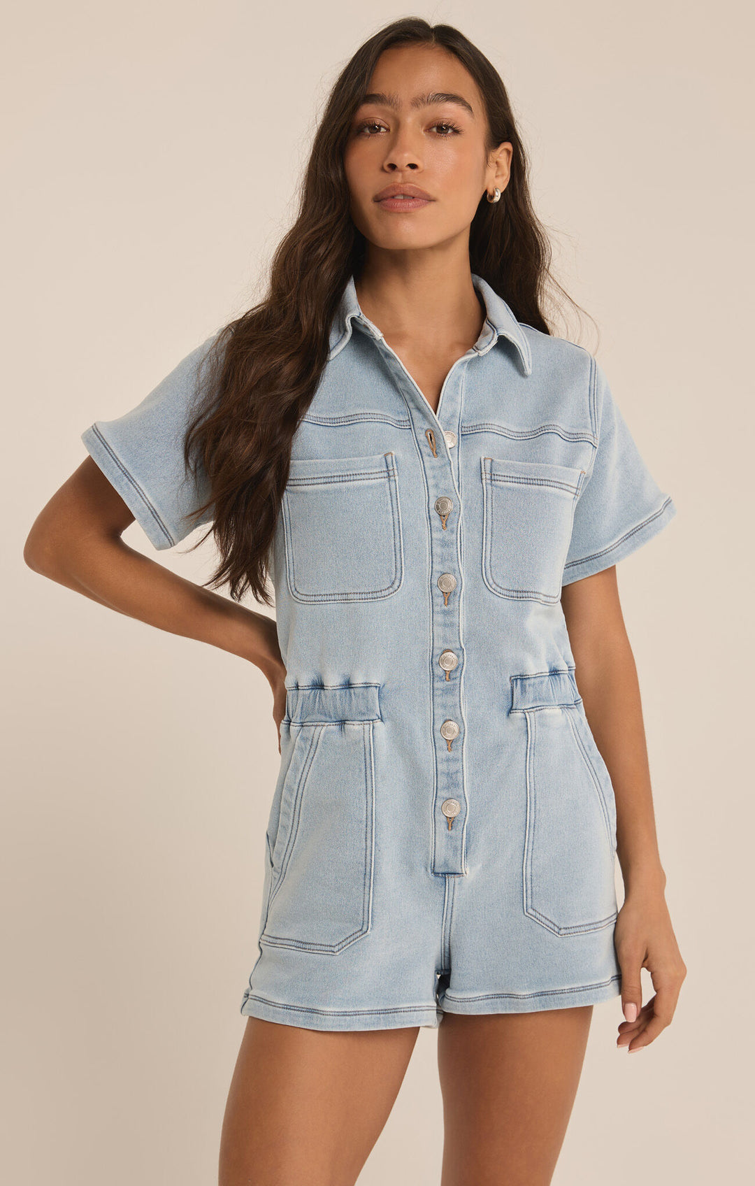 Z Supply: Elias Denim Romper - Sun Bleached Indigo